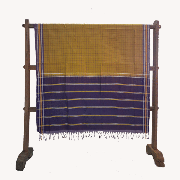 60 count mustard yellow saree with purple checks